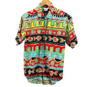 Vintage 90s Bechame Casual Multicolor 100% Cotton Fish Print Button Down Shirt